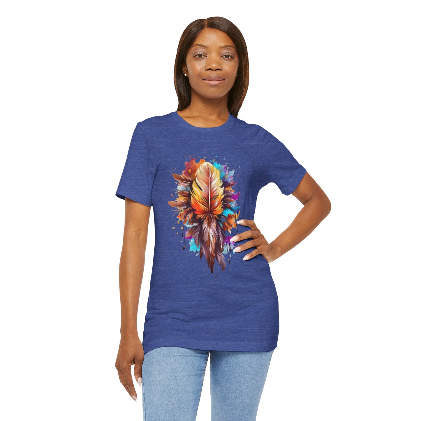 Colorful Feather Art Tee - Unisex Short Sleeve T-Shirt, Bohemian Top, Gift for Nature Lovers, Artisticwear, Casual Wear, Summer Tee