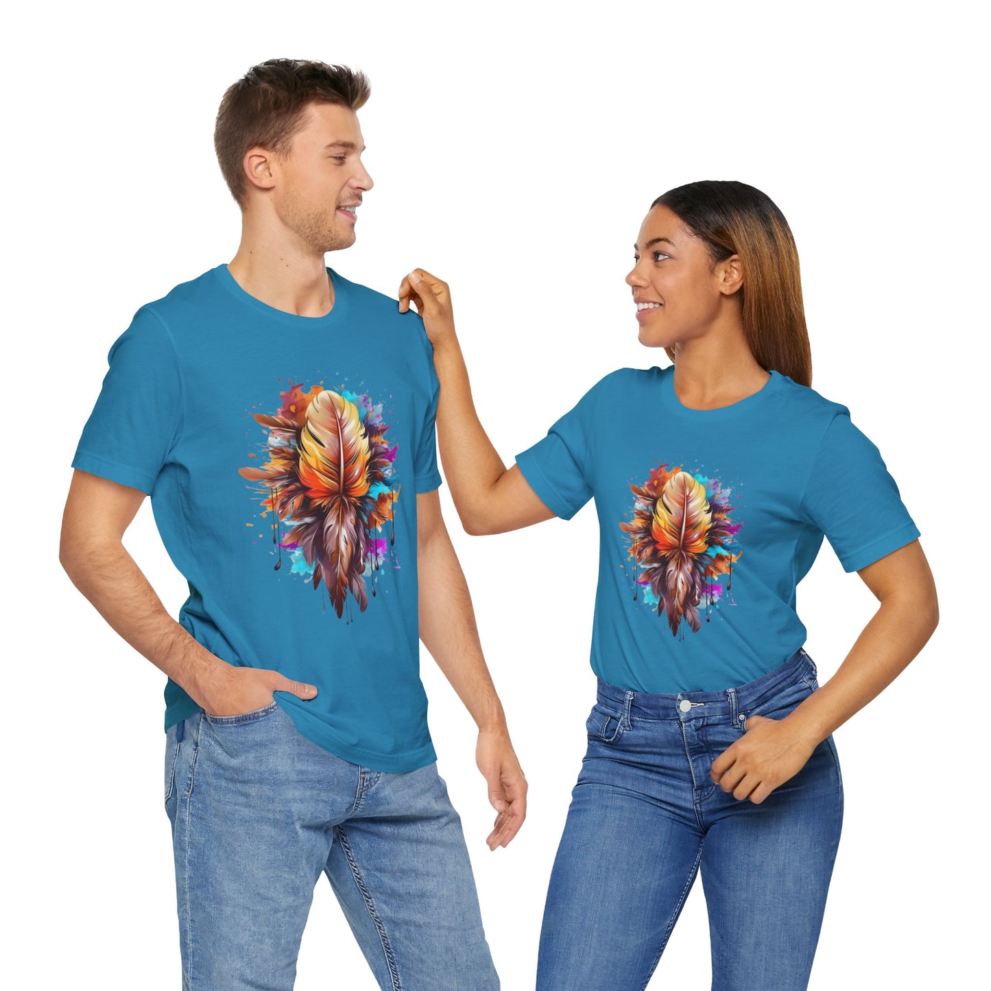 Colorful Feather Art Tee - Unisex Short Sleeve T-Shirt, Bohemian Top, Gift for Nature Lovers, Artisticwear, Casual Wear, Summer Tee