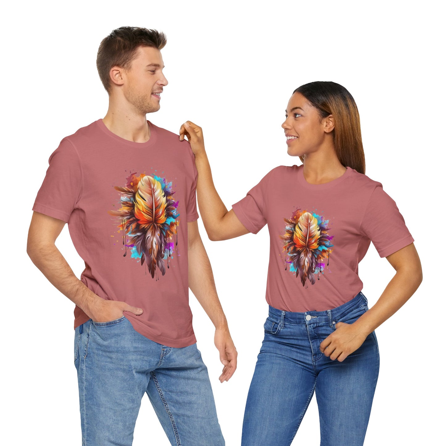 Colorful Feather Art Tee - Unisex Short Sleeve T-Shirt, Bohemian Top, Gift for Nature Lovers, Artisticwear, Casual Wear, Summer Tee