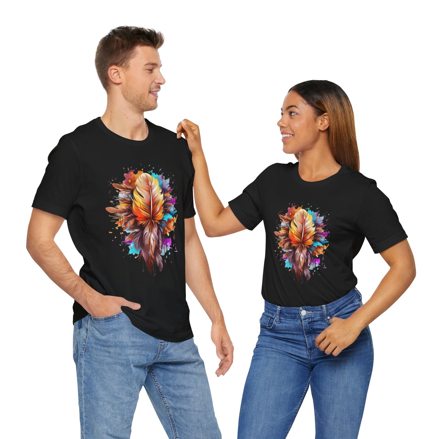 Colorful Feather Art Tee - Unisex Short Sleeve T-Shirt, Bohemian Top, Gift for Nature Lovers, Artisticwear, Casual Wear, Summer Tee