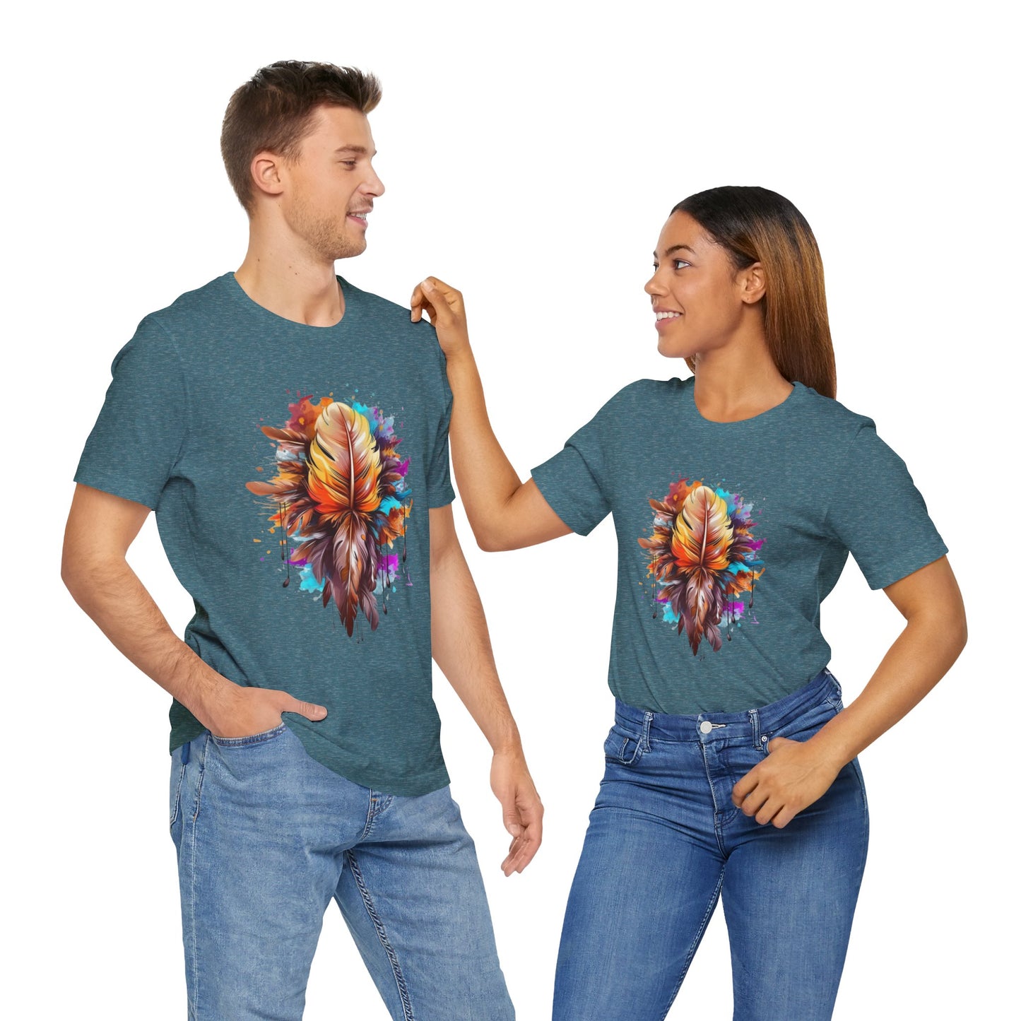 Colorful Feather Art Tee - Unisex Short Sleeve T-Shirt, Bohemian Top, Gift for Nature Lovers, Artisticwear, Casual Wear, Summer Tee