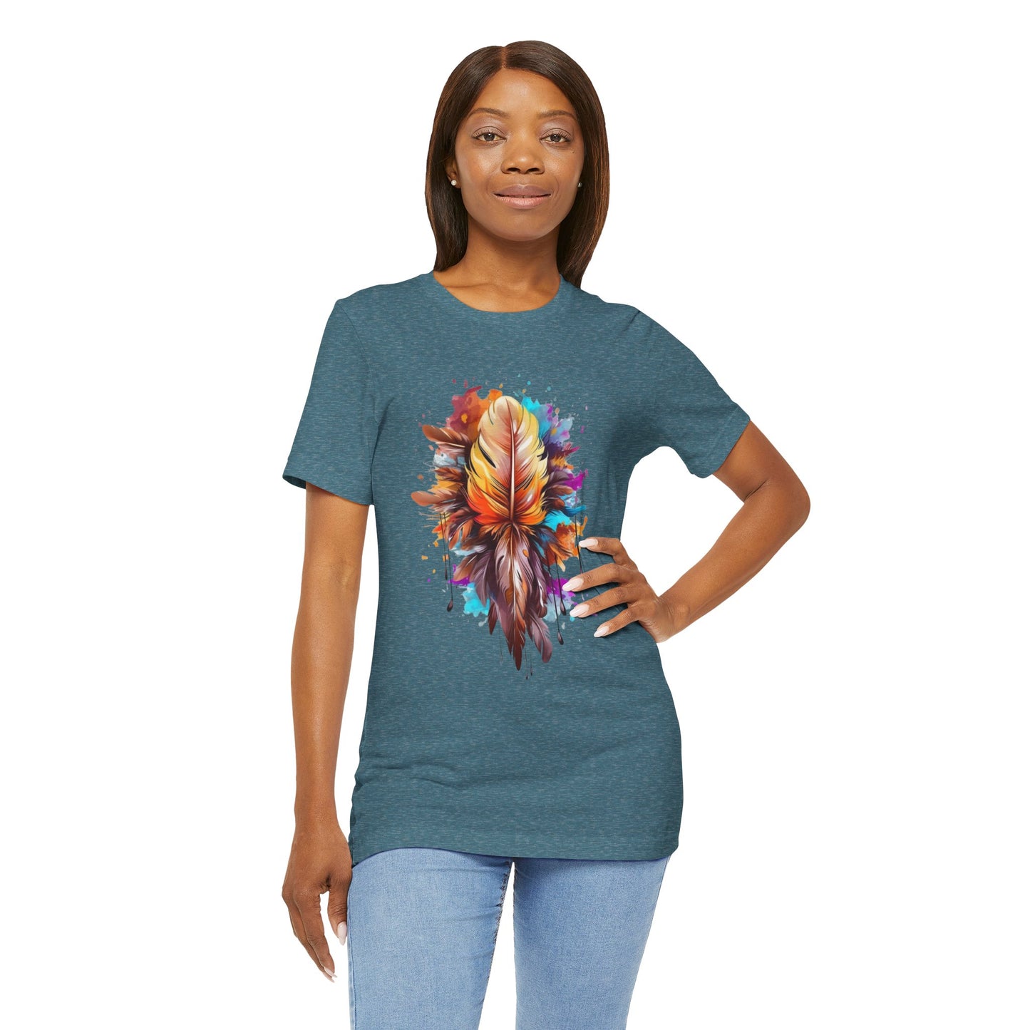 Colorful Feather Art Tee - Unisex Short Sleeve T-Shirt, Bohemian Top, Gift for Nature Lovers, Artisticwear, Casual Wear, Summer Tee