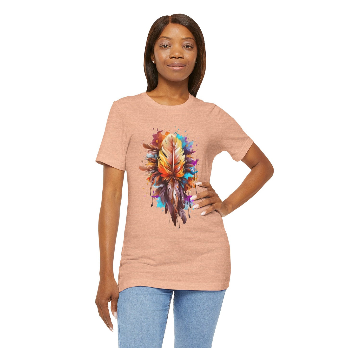 Colorful Feather Art Tee - Unisex Short Sleeve T-Shirt, Bohemian Top, Gift for Nature Lovers, Artisticwear, Casual Wear, Summer Tee