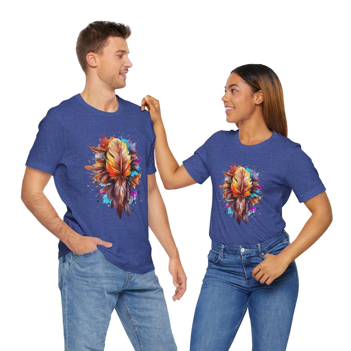 Colorful Feather Art Tee - Unisex Short Sleeve T-Shirt, Bohemian Top, Gift for Nature Lovers, Artisticwear, Casual Wear, Summer Tee