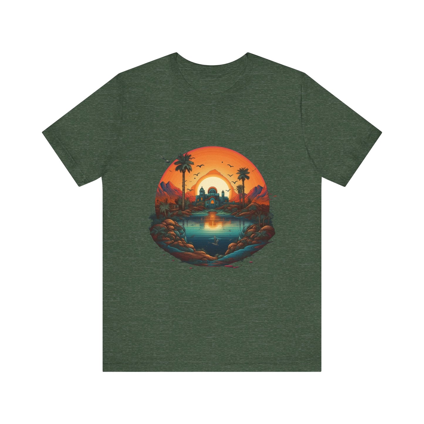 Sunset Oasis Unisex Tee - Summer Vibes, Graphic T-Shirt, Casualwear, Beachwear, Gift for Travelers, Nature Lover