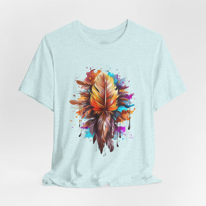Colorful Feather Art Tee - Unisex Short Sleeve T-Shirt, Bohemian Top, Gift for Nature Lovers, Artisticwear, Casual Wear, Summer Tee