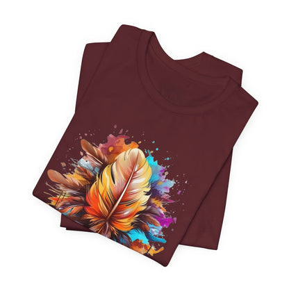 Colorful Feather Art Tee - Unisex Short Sleeve T-Shirt, Bohemian Top, Gift for Nature Lovers, Artisticwear, Casual Wear, Summer Tee