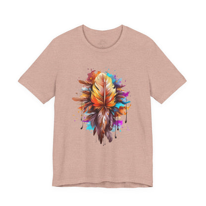 Colorful Feather Art Tee - Unisex Short Sleeve T-Shirt, Bohemian Top, Gift for Nature Lovers, Artisticwear, Casual Wear, Summer Tee