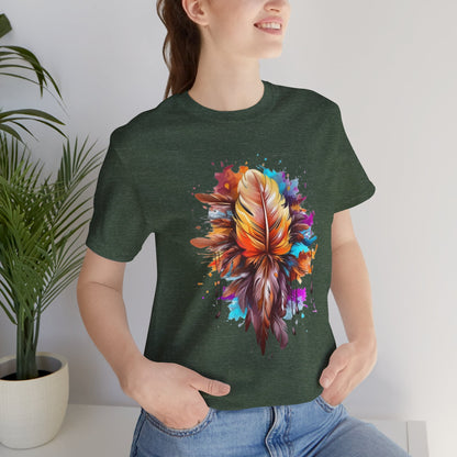 Colorful Feather Art Tee - Unisex Short Sleeve T-Shirt, Bohemian Top, Gift for Nature Lovers, Artisticwear, Casual Wear, Summer Tee