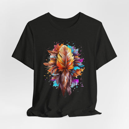 Colorful Feather Art Tee - Unisex Short Sleeve T-Shirt, Bohemian Top, Gift for Nature Lovers, Artisticwear, Casual Wear, Summer Tee