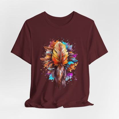 Colorful Feather Art Tee - Unisex Short Sleeve T-Shirt, Bohemian Top, Gift for Nature Lovers, Artisticwear, Casual Wear, Summer Tee
