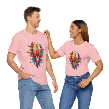 Colorful Feather Art Tee - Unisex Short Sleeve T-Shirt, Bohemian Top, Gift for Nature Lovers, Artisticwear, Casual Wear, Summer Tee