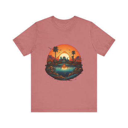 Sunset Oasis Unisex Tee - Summer Vibes, Graphic T-Shirt, Casualwear, Beachwear, Gift for Travelers, Nature Lover