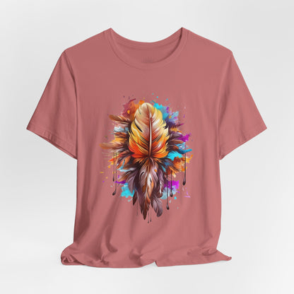Colorful Feather Art Tee - Unisex Short Sleeve T-Shirt, Bohemian Top, Gift for Nature Lovers, Artisticwear, Casual Wear, Summer Tee