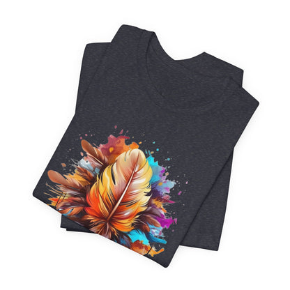 Colorful Feather Art Tee - Unisex Short Sleeve T-Shirt, Bohemian Top, Gift for Nature Lovers, Artisticwear, Casual Wear, Summer Tee