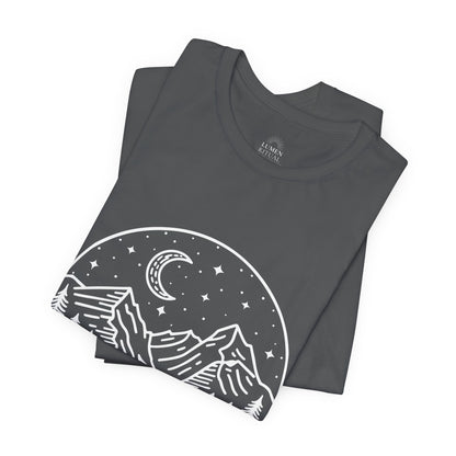Mountain Nightscape Tee, Nature Lover Shirt, Camping Apparel, Adventure Outfit, Unisex Graphic Tee