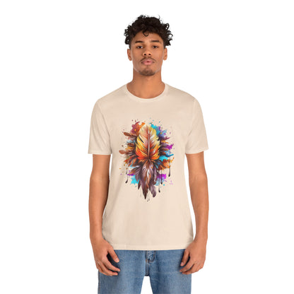 Colorful Feather Art Tee - Unisex Short Sleeve T-Shirt, Bohemian Top, Gift for Nature Lovers, Artisticwear, Casual Wear, Summer Tee