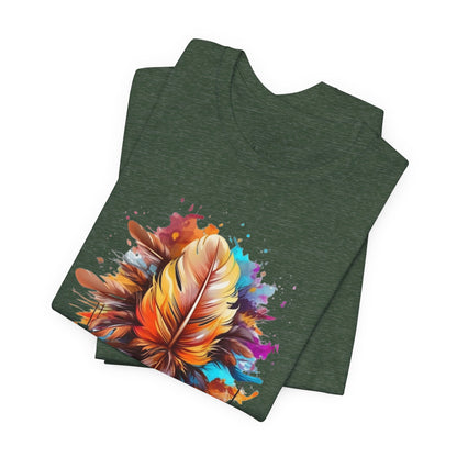 Colorful Feather Art Tee - Unisex Short Sleeve T-Shirt, Bohemian Top, Gift for Nature Lovers, Artisticwear, Casual Wear, Summer Tee