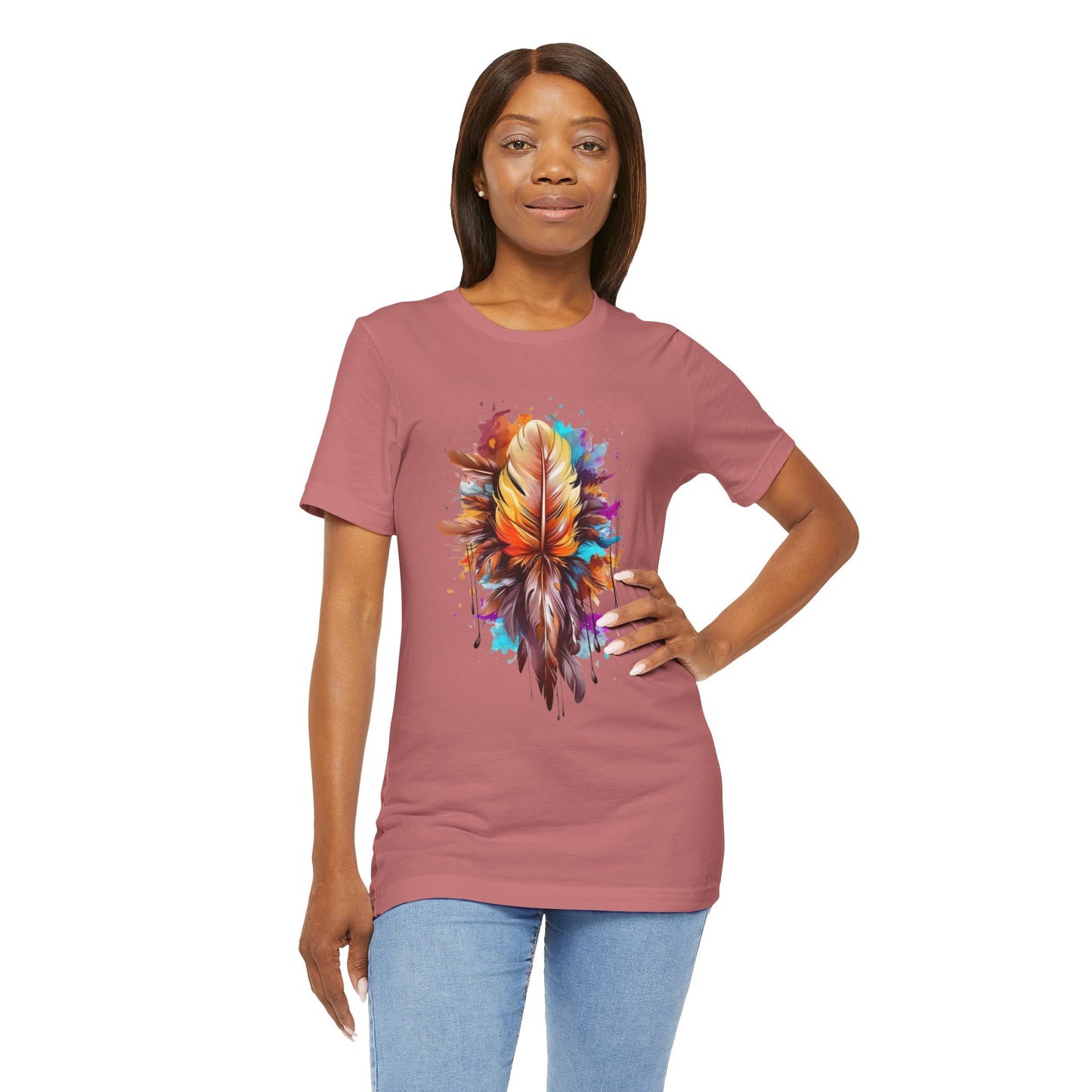 Colorful Feather Art Tee - Unisex Short Sleeve T-Shirt, Bohemian Top, Gift for Nature Lovers, Artisticwear, Casual Wear, Summer Tee