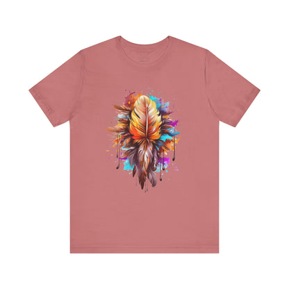 Colorful Feather Art Tee - Unisex Short Sleeve T-Shirt, Bohemian Top, Gift for Nature Lovers, Artisticwear, Casual Wear, Summer Tee