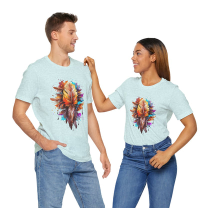 Colorful Feather Art Tee - Unisex Short Sleeve T-Shirt, Bohemian Top, Gift for Nature Lovers, Artisticwear, Casual Wear, Summer Tee