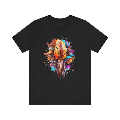 Colorful Feather Art Tee - Unisex Short Sleeve T-Shirt, Bohemian Top, Gift for Nature Lovers, Artisticwear, Casual Wear, Summer Tee