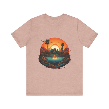Sunset Oasis Unisex Tee - Summer Vibes, Graphic T-Shirt, Casualwear, Beachwear, Gift for Travelers, Nature Lover