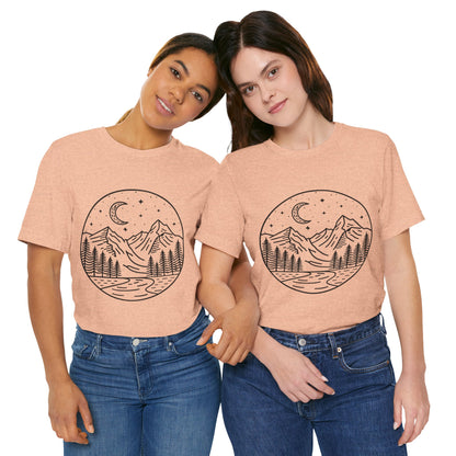 Mountain Nightscape Tee, Nature Lover Shirt, Camping Apparel, Adventure Outfit, Unisex Graphic Tee