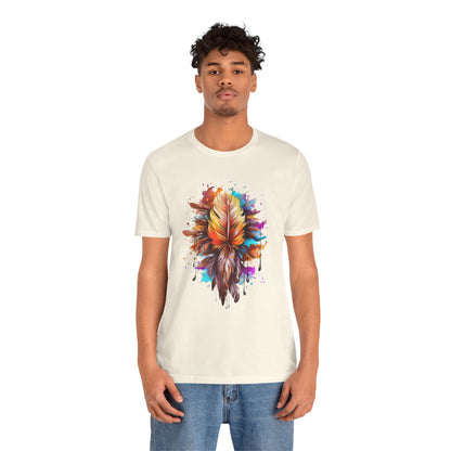 Colorful Feather Art Tee - Unisex Short Sleeve T-Shirt, Bohemian Top, Gift for Nature Lovers, Artisticwear, Casual Wear, Summer Tee