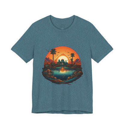 Sunset Oasis Unisex Tee - Summer Vibes, Graphic T-Shirt, Casualwear, Beachwear, Gift for Travelers, Nature Lover