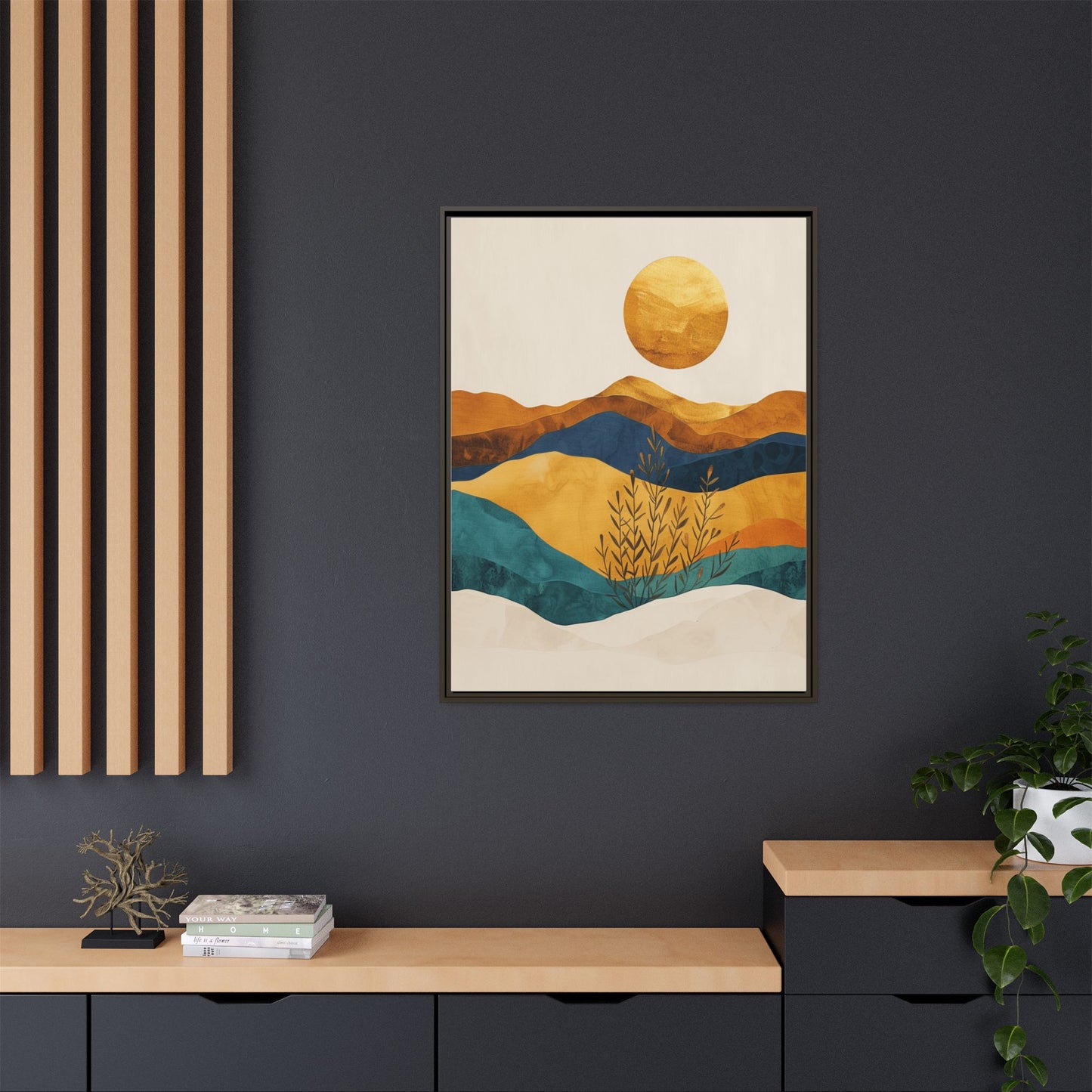 Framed Matte Canvas Wall Art, Boho Decor, Sun and Mountains, Home Gallery, Unique Gift, Cozy Atmosphere, Nature-Inspired