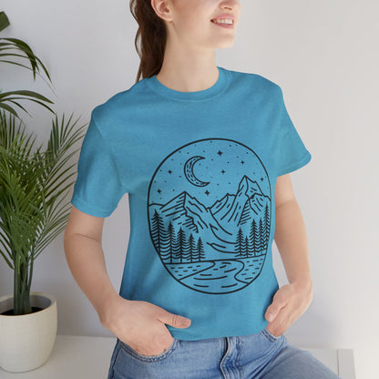 Mountain Nightscape Tee, Nature Lover Shirt, Camping Apparel, Adventure Outfit, Unisex Graphic Tee