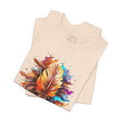 Colorful Feather Art Tee - Unisex Short Sleeve T-Shirt, Bohemian Top, Gift for Nature Lovers, Artisticwear, Casual Wear, Summer Tee