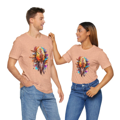 Colorful Feather Art Tee - Unisex Short Sleeve T-Shirt, Bohemian Top, Gift for Nature Lovers, Artisticwear, Casual Wear, Summer Tee