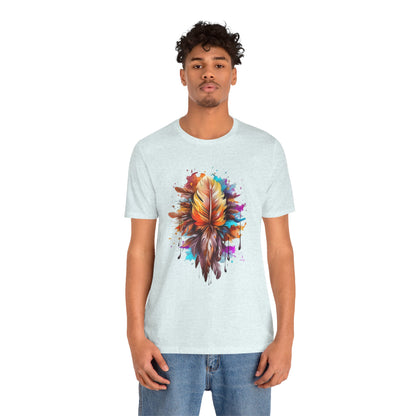 Colorful Feather Art Tee - Unisex Short Sleeve T-Shirt, Bohemian Top, Gift for Nature Lovers, Artisticwear, Casual Wear, Summer Tee