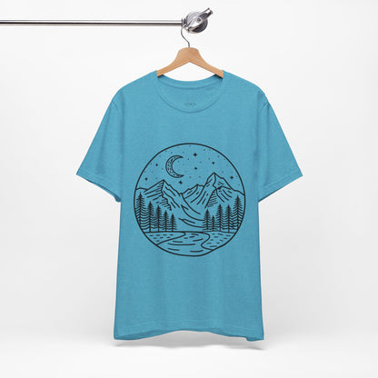 Mountain Nightscape Tee, Nature Lover Shirt, Camping Apparel, Adventure Outfit, Unisex Graphic Tee