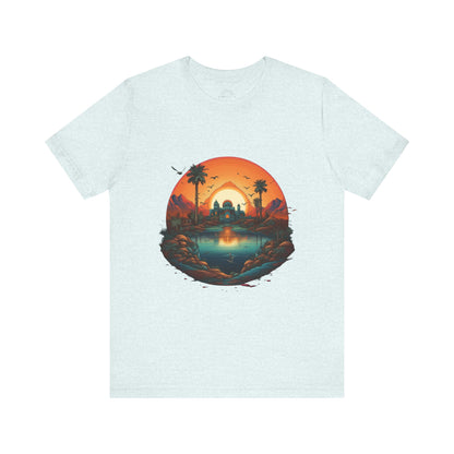Sunset Oasis Unisex Tee - Summer Vibes, Graphic T-Shirt, Casualwear, Beachwear, Gift for Travelers, Nature Lover