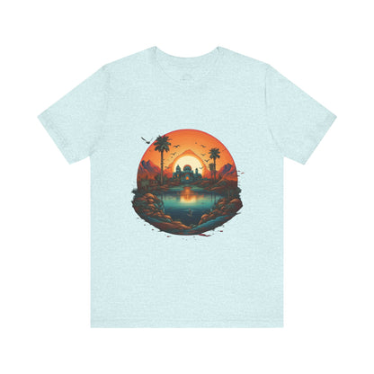 Sunset Oasis Unisex Tee - Summer Vibes, Graphic T-Shirt, Casualwear, Beachwear, Gift for Travelers, Nature Lover