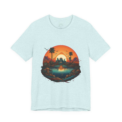 Sunset Oasis Unisex Tee - Summer Vibes, Graphic T-Shirt, Casualwear, Beachwear, Gift for Travelers, Nature Lover