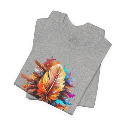 Colorful Feather Art Tee - Unisex Short Sleeve T-Shirt, Bohemian Top, Gift for Nature Lovers, Artisticwear, Casual Wear, Summer Tee