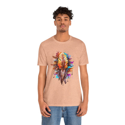 Colorful Feather Art Tee - Unisex Short Sleeve T-Shirt, Bohemian Top, Gift for Nature Lovers, Artisticwear, Casual Wear, Summer Tee