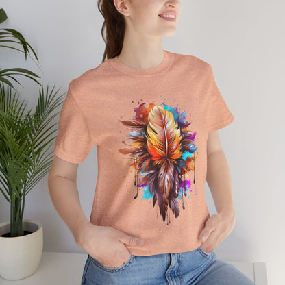 Colorful Feather Art Tee - Unisex Short Sleeve T-Shirt, Bohemian Top, Gift for Nature Lovers, Artisticwear, Casual Wear, Summer Tee