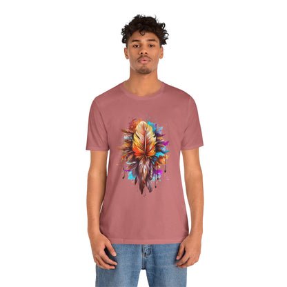 Colorful Feather Art Tee - Unisex Short Sleeve T-Shirt, Bohemian Top, Gift for Nature Lovers, Artisticwear, Casual Wear, Summer Tee