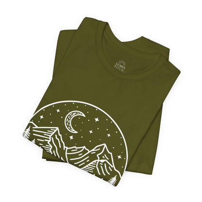 Mountain Nightscape Tee, Nature Lover Shirt, Camping Apparel, Adventure Outfit, Unisex Graphic Tee