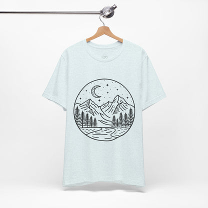 Mountain Nightscape Tee, Nature Lover Shirt, Camping Apparel, Adventure Outfit, Unisex Graphic Tee