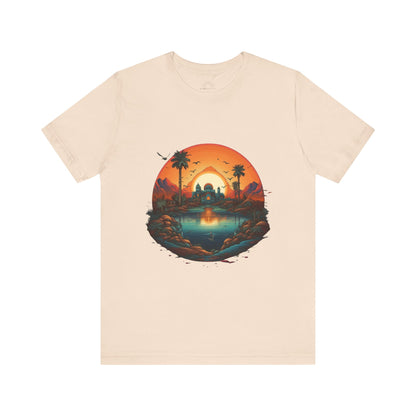 Sunset Oasis Unisex Tee - Summer Vibes, Graphic T-Shirt, Casualwear, Beachwear, Gift for Travelers, Nature Lover