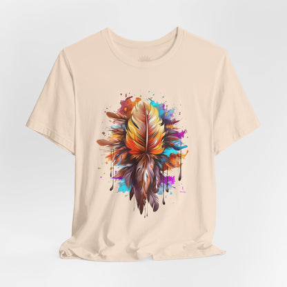 Colorful Feather Art Tee - Unisex Short Sleeve T-Shirt, Bohemian Top, Gift for Nature Lovers, Artisticwear, Casual Wear, Summer Tee