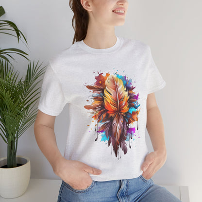 Colorful Feather Art Tee - Unisex Short Sleeve T-Shirt, Bohemian Top, Gift for Nature Lovers, Artisticwear, Casual Wear, Summer Tee