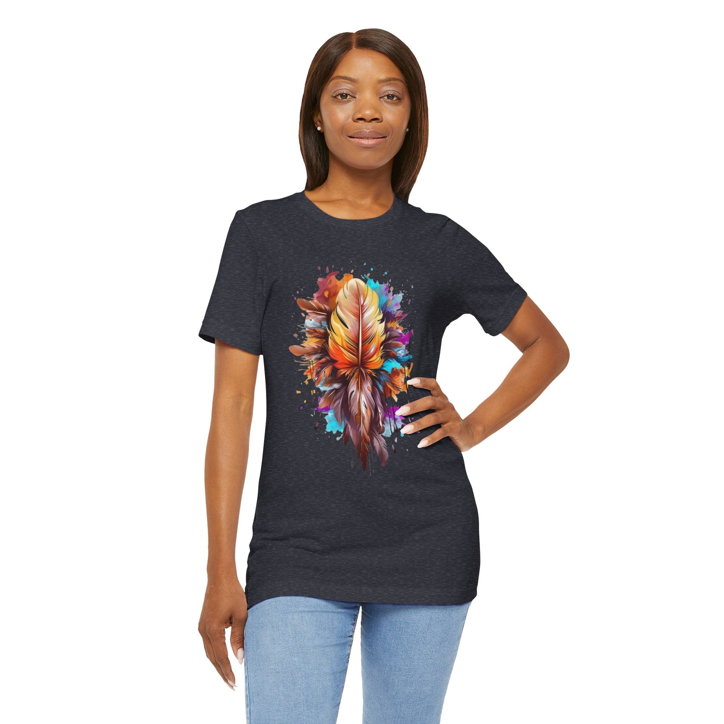 Colorful Feather Art Tee - Unisex Short Sleeve T-Shirt, Bohemian Top, Gift for Nature Lovers, Artisticwear, Casual Wear, Summer Tee