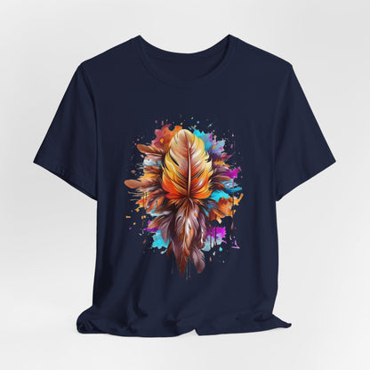 Colorful Feather Art Tee - Unisex Short Sleeve T-Shirt, Bohemian Top, Gift for Nature Lovers, Artisticwear, Casual Wear, Summer Tee